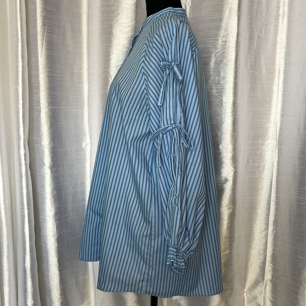 Striped Blue Tie-Sleeve Button-Front Women’s Top - Picture 4 of 9